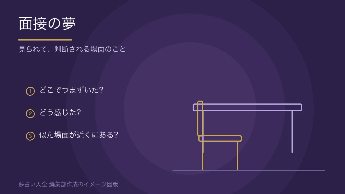 紫の光の中に置かれた椅子と机の、面接の夢のイメージ