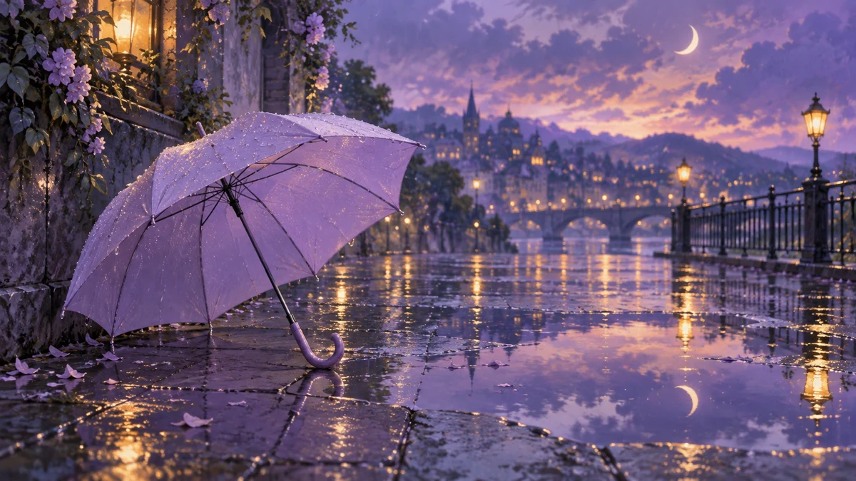 雨上がりのような紫色の街に傘がある夢のイメージ