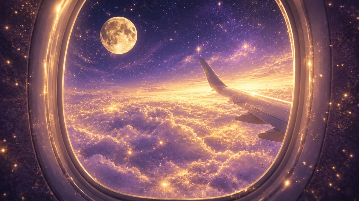 夜空の月と星の間を飛ぶ飛行機の幻想的なイメージ