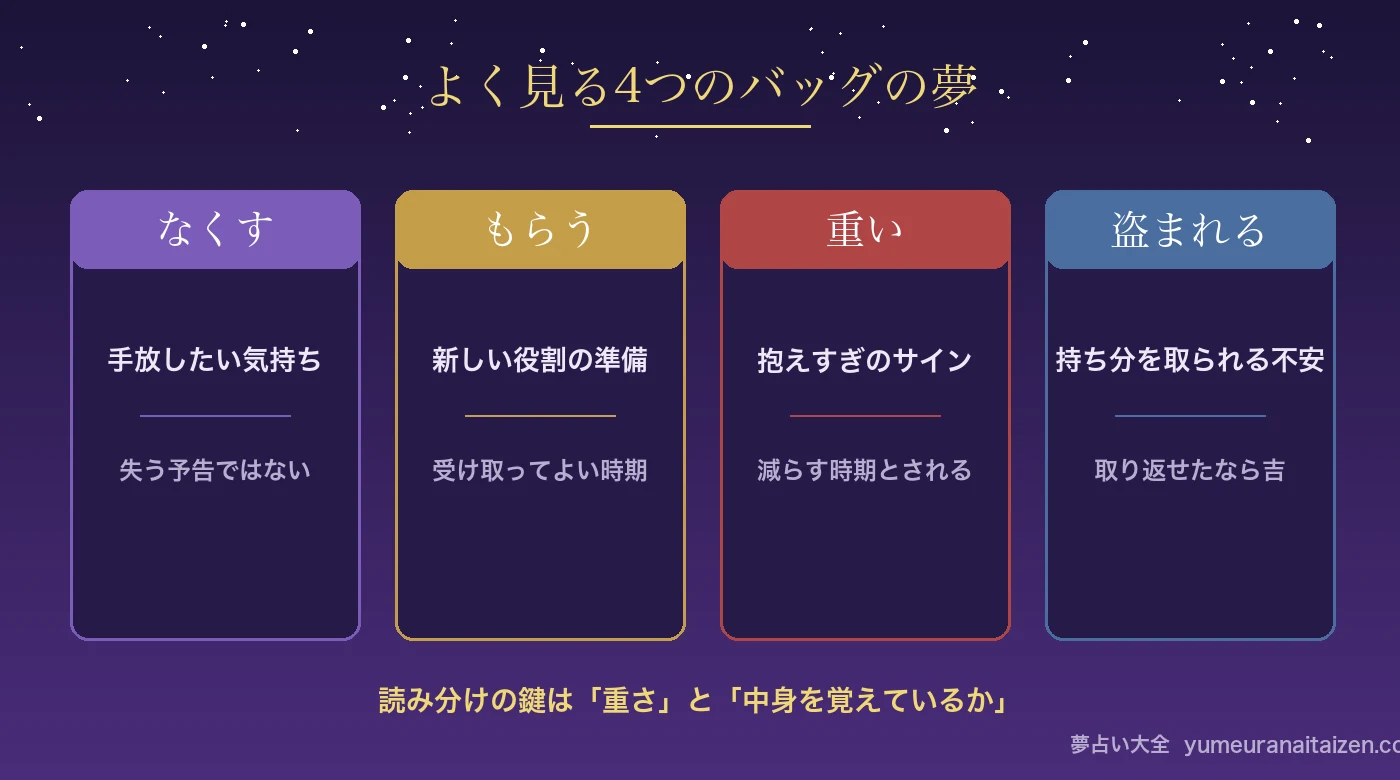 よく見る4つのバッグの夢(なくす・もらう・重い・盗まれる)の早見図