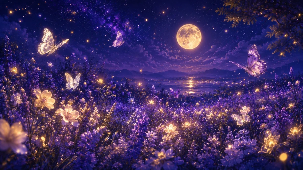 月夜の花畑を舞う美しい蝶のイメージ