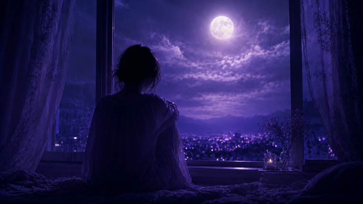 夜の窓辺で静かに涙を流す人のシルエットのイメージ