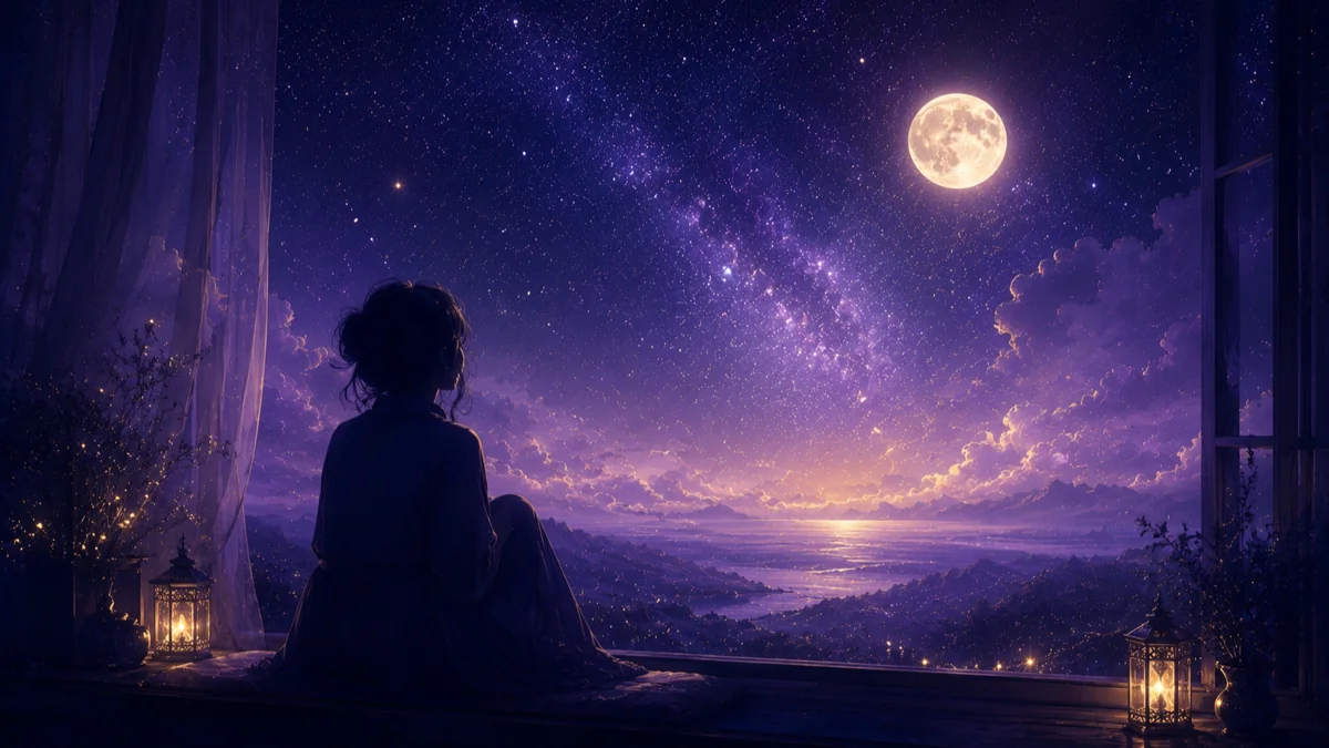 夜空を背景に過去を振り返る人のシルエットのイメージ