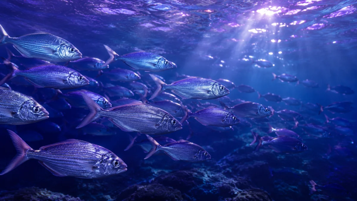 澄んだ水の中を泳ぐ魚の群れのイメージ