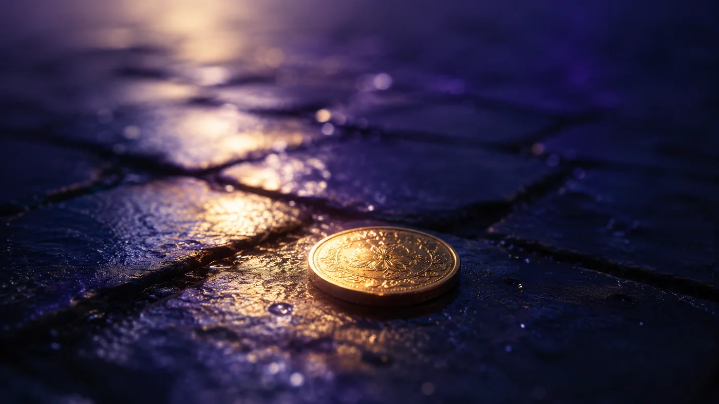 月明かりの石畳に落ちた硬貨を拾う手
