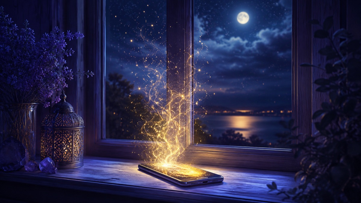 月夜に光る電話と金色の光をモチーフにした幻想的なイメージ