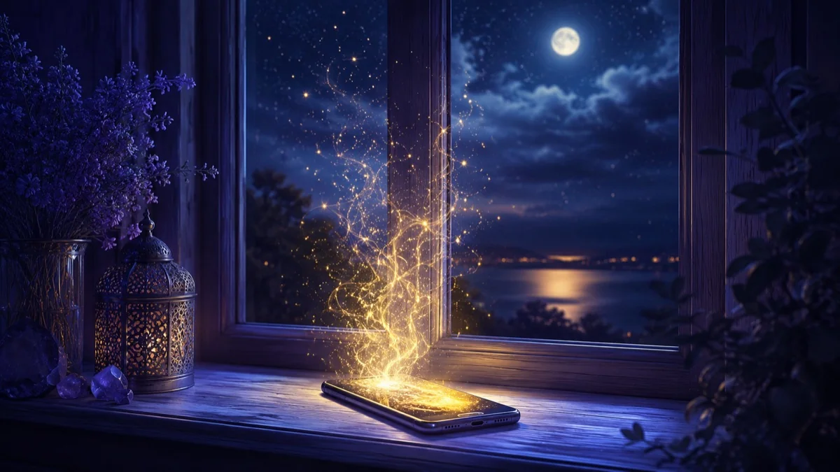 月夜に光る電話と金色の光をモチーフにした幻想的なイメージ