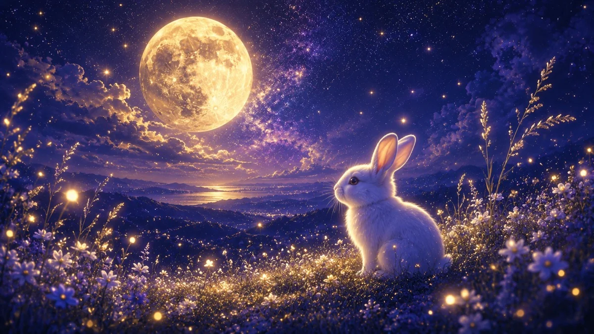 月夜の草原で跳ねる白いうさぎのイメージ