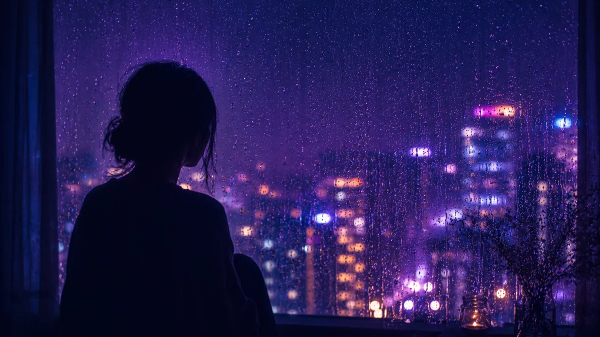 夜の窓に流れる雨粒を静かに眺める人のシルエットのイメージ