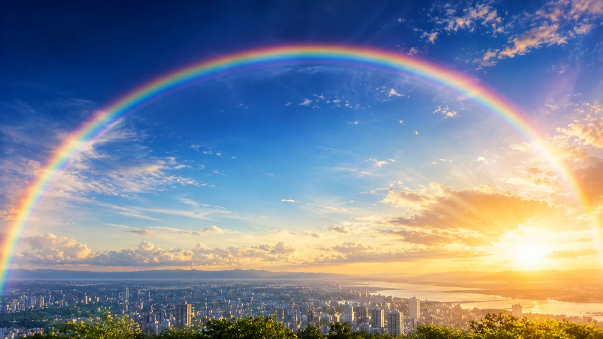 雨上がりに虹がかかる明るい空のイメージ