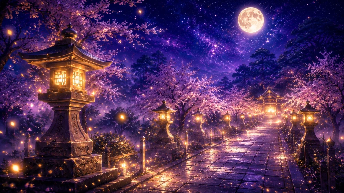 月明かりに照らされた神社の鳥居と参道のイメージ
