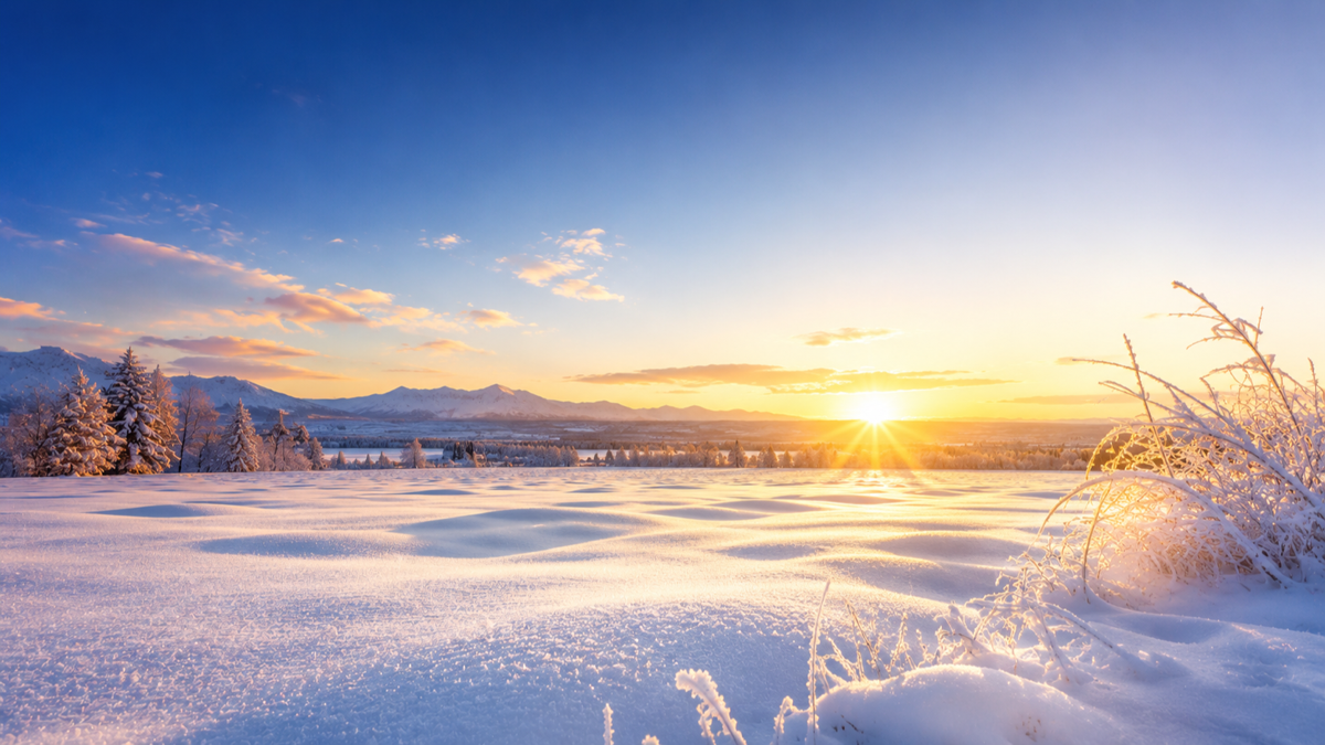 雪がやみ朝日が差し込む雪原のイメージ