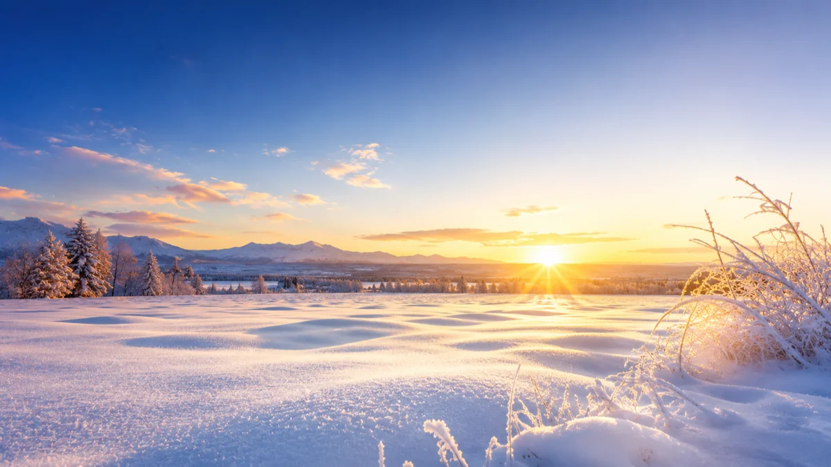 雪がやみ朝日が差し込む雪原のイメージ