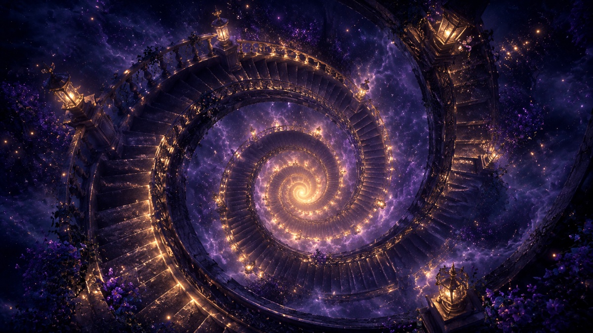 金色の光に照らされた幻想的な螺旋階段のイメージ