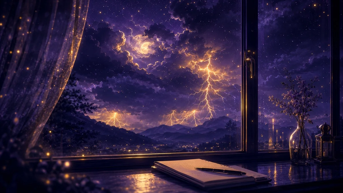 紫の夜空に走る稲妻と雲のイメージ