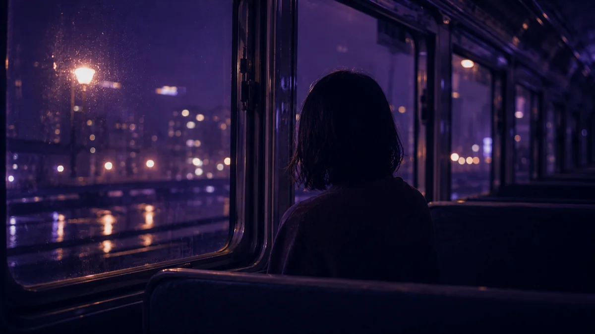 夜の街を走る電車の窓辺に座る人のシルエットのイメージ
