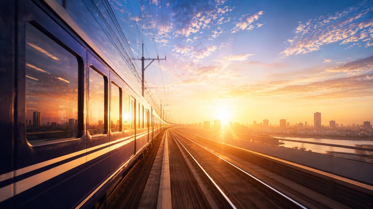 朝の光の中、目的地へ向かって走る電車のイメージ