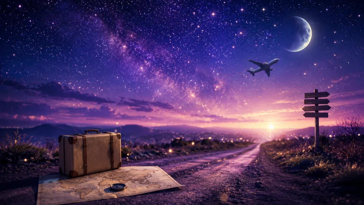 夜空の下、スーツケースを持って旅立つ人のシルエットのイメージ